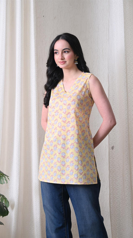 Butter Yellow Butti casual A-line v-neck sleeveless top for women