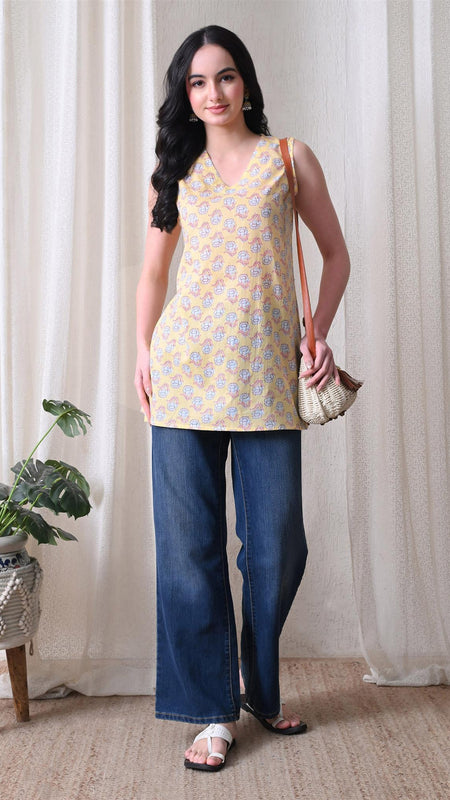 Butter Yellow Butti casual A-line v-neck sleeveless top for women