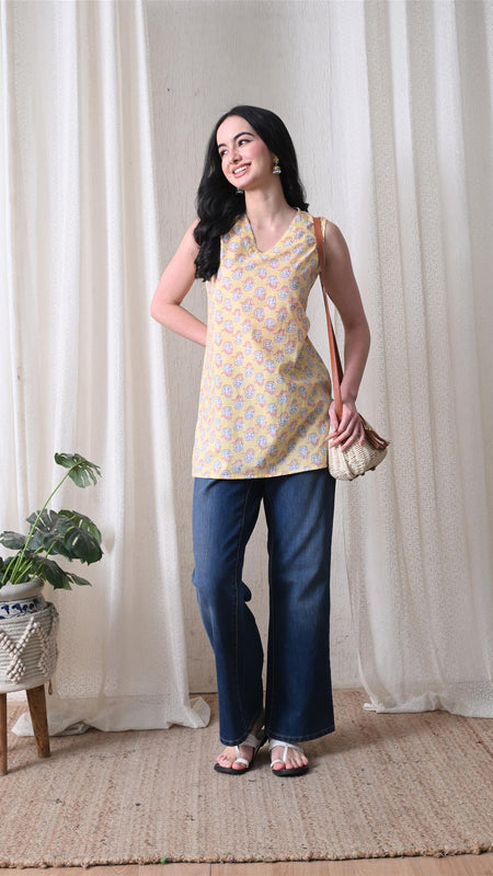 Butter Yellow Butti casual A-line v-neck sleeveless top for women