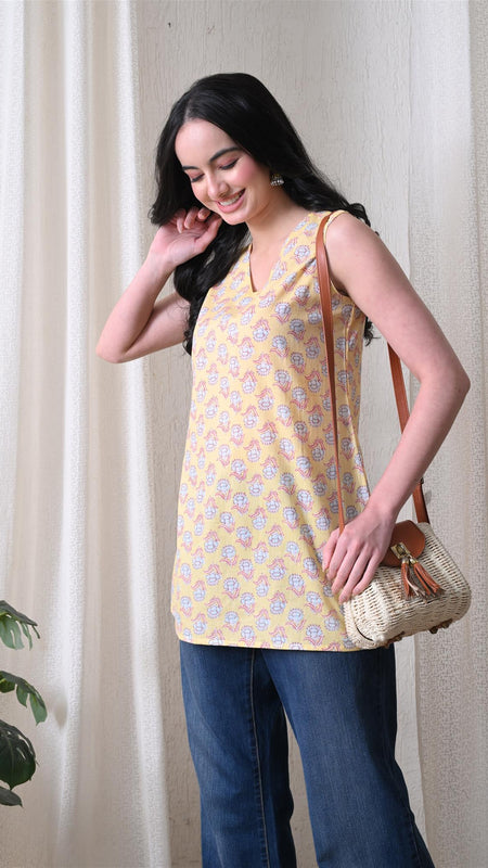 Butter Yellow Butti casual A-line v-neck sleeveless top for women