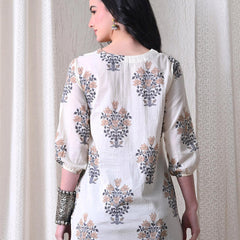 Cream Brown Block Pure Cotton Casual 3/4th Sleeves Top for women