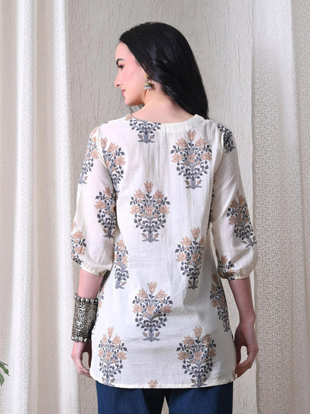 Cream Brown Block Pure Cotton Casual 3/4th Sleeves Top for women