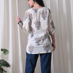 Cream Brown Block Pure Cotton Casual 3/4th Sleeves Top for women