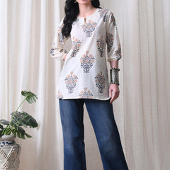 Cream Brown Block Pure Cotton Casual 3/4th Sleeves Top for women