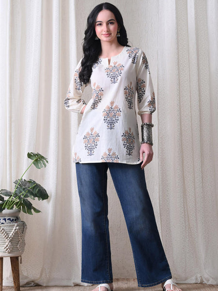 Cream Brown Block Pure Cotton Casual 3/4th Sleeves Top for women
