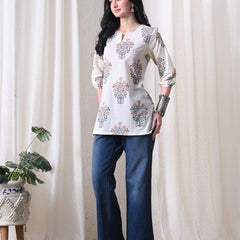 Cream Brown Block Pure Cotton Casual 3/4th Sleeves Top for women
