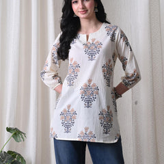 Cream Brown Block Pure Cotton Casual 3/4th Sleeves Top for women