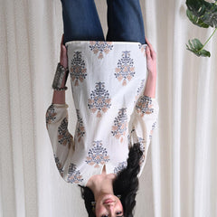 Cream Brown Block Pure Cotton Casual 3/4th Sleeves Top for women