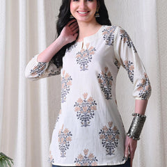 Cream Brown Block Pure Cotton Casual 3/4th Sleeves Top for women