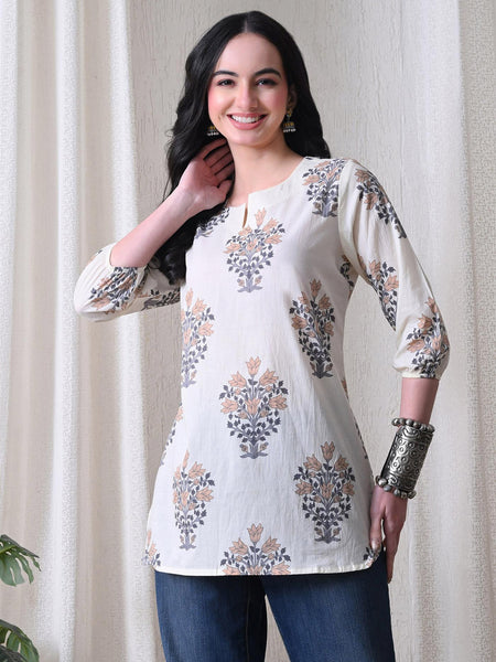 Cream Brown Block Pure Cotton Casual 3/4th Sleeves Top for women