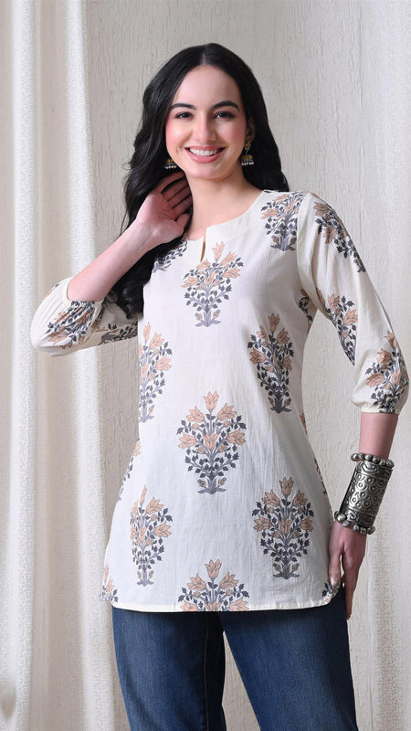 Cream Brown Block Pure Cotton Casual 3/4th Sleeves Top for women