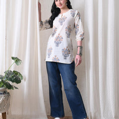 Cream Brown Block Pure Cotton Casual 3/4th Sleeves Top for women