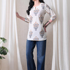 Cream Brown Block Pure Cotton Casual 3/4th Sleeves Top for women