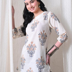 Cream Brown Block Pure Cotton Casual 3/4th Sleeves Top for women