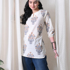Cream Brown Block Pure Cotton Casual 3/4th Sleeves Top for women