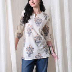 Cream Brown Block Pure Cotton Casual 3/4th Sleeves Top for women