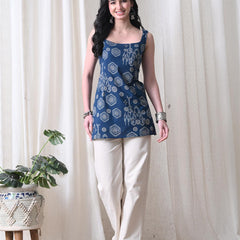 Blue Dotted Buta Casual A-Line sleeveless with square neck and tie-up back top for women