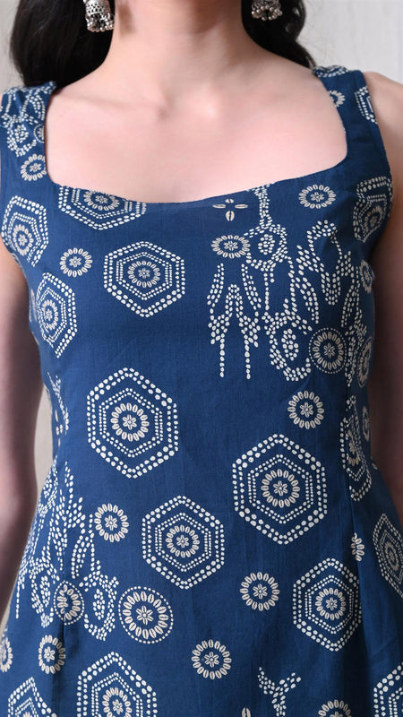 Blue Dotted Buta Casual A-Line sleeveless with square neck and tie-up back top for women