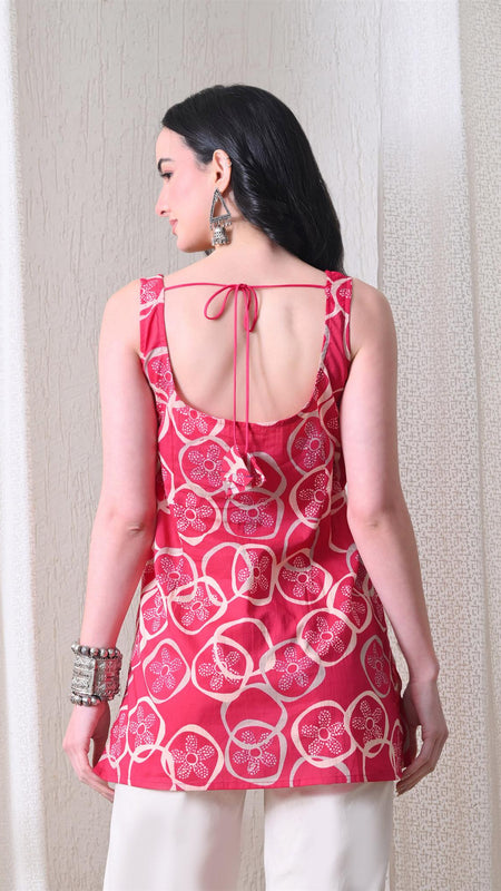 Pink Circle Flower Casual A-Line sleeveless with square neck and tie-up back top for women