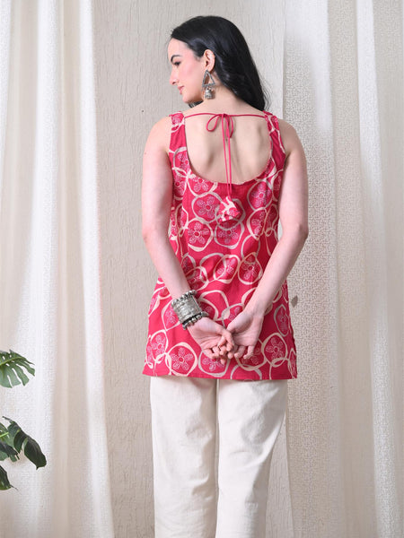Pink Circle Flower Casual A-Line sleeveless with square neck and tie-up back top for women