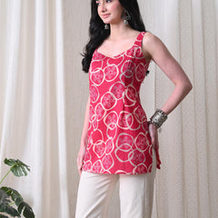 Pink Circle Flower Casual A-Line sleeveless with square neck and tie-up back top for women