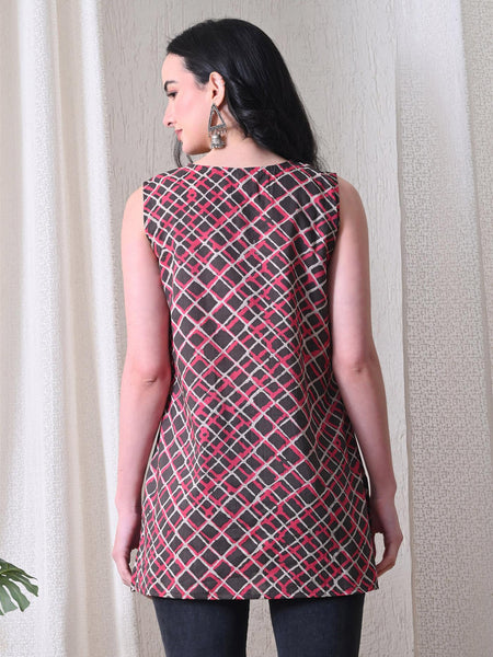 Grey Pink Checks casual A-line v-neck sleeveless top for women