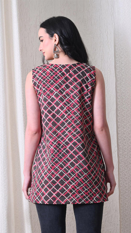 Grey Pink Checks casual A-line v-neck sleeveless top for women