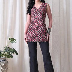 Grey Pink Checks casual A-line v-neck sleeveless top for women