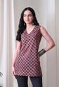 Grey Pink Checks casual A-line v-neck sleeveless top for women