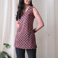 Grey Pink Checks casual A-line v-neck sleeveless top for women