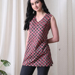 Grey Pink Checks casual A-line v-neck sleeveless top for women