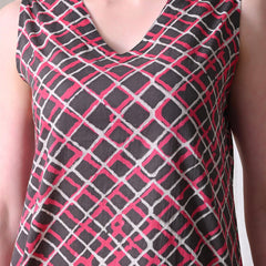 Grey Pink Checks casual A-line v-neck sleeveless top for women
