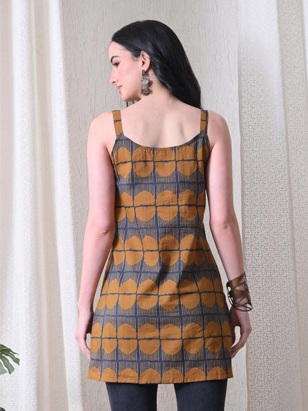 Mustard Blue Grid Casual A-line strappy top for women