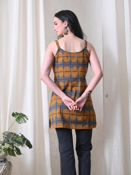 Mustard Blue Grid Casual A-line strappy top for women