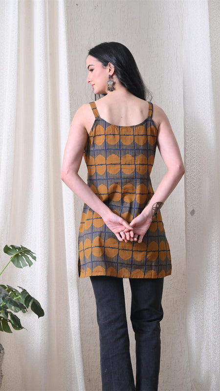 Mustard Blue Grid Casual A-line strappy top for women