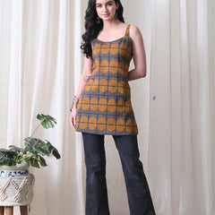 Mustard Blue Grid Casual A-line strappy top for women