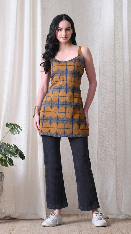 Mustard Blue Grid Casual A-line strappy top for women