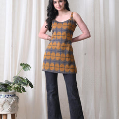 Mustard Blue Grid Casual A-line strappy top for women