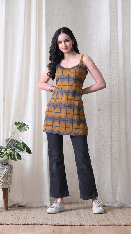 Mustard Blue Grid Casual A-line strappy top for women