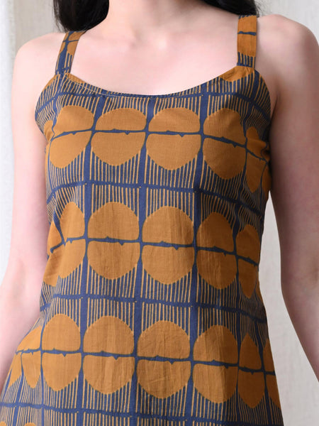 Mustard Blue Grid Casual A-line strappy top for women