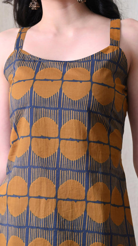 Mustard Blue Grid Casual A-line strappy top for women