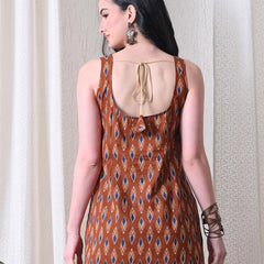 Rust Blue Ikat Casual A-Line sleeveless with square neck and tie-up back top for women