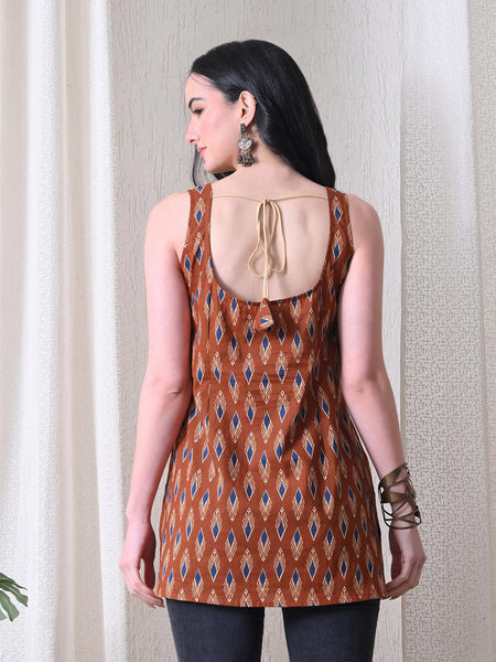 Rust Blue Ikat Casual A-Line sleeveless with square neck and tie-up back top for women