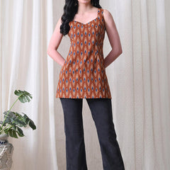 Rust Blue Ikat Casual A-Line sleeveless with square neck and tie-up back top for women