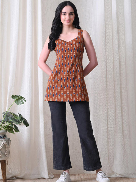 Rust Blue Ikat Casual A-Line sleeveless with square neck and tie-up back top for women