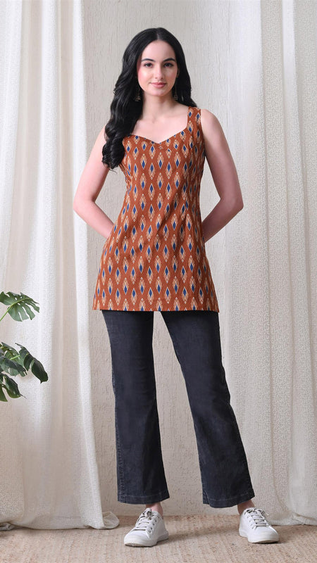 Rust Blue Ikat Casual A-Line sleeveless with square neck and tie-up back top for women