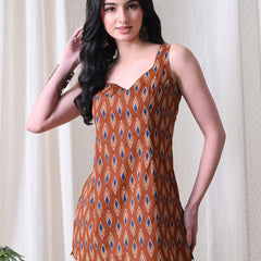 Rust Blue Ikat Casual A-Line sleeveless with square neck and tie-up back top for women