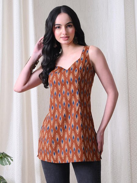 Rust Blue Ikat Casual A-Line sleeveless with square neck and tie-up back top for women