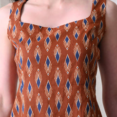 Rust Blue Ikat Casual A-Line sleeveless with square neck and tie-up back top for women
