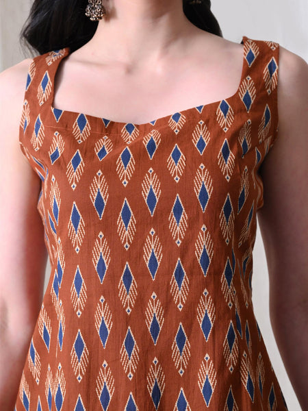 Rust Blue Ikat Casual A-Line sleeveless with square neck and tie-up back top for women